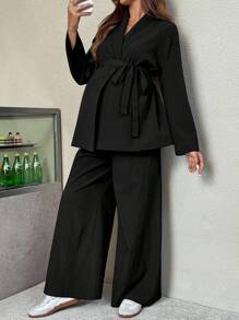 SHEIN 2pcs Maternity Set: Solid Color Shawl Collar Long Sleeve Jacket And Adjustable Waist Pants, Casual Suit  Fall Outfits For Women  Business Casual Women  Fall Clothes For Women  Business Casual Woman  Wide Leg Pants Woman  Business Casual Woman - Black - View 4