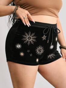 ROMWE Quần short vải nhung thêu hình mặt trăng và ngôi sao cổ điển cỡ lớn Hippie - màu đen - Xem 4