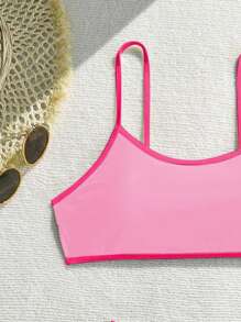 Swim Mod 2025 Ladies' 3Pcs Set Spaghetti Strap Wireless Solid Color Two-Piece Bikini Swimsuit For Summer Beach Vacation - Pink - View 5