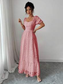 Modelyn 女士夏季优雅喇叭裙，荷叶边设计法式甜美短袖中长裙 - 珊瑚粉 - 查看 4