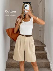 Easowa 休闲卡其色梭织百慕大短裤，直筒拉链细节，女士长款短裤，阔腿短裤，高腰短裤，女士短裤