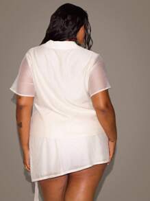 MUSERA Blusa de manga corta con textura y nudo delantero talla grande, para vacaciones, sexy, romántica, elegante, para primavera y verano - Blanco - Ver 4