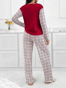 Cottnline 2pcs Cotton Plaid Block Shirt And Plaid Patterned Lounge Bottom Homewear Set - Red - View 2