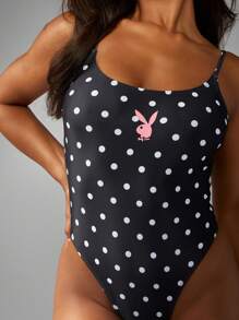 Missguided x Playboy Traje de baño de una pieza con lunares, estilo clásico y retro, escote de canalé, patrones con piernas altas para playa y piscina, para usar en vacaciones de verano