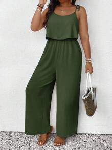 SHEIN Frenchy Plus Size Casual Holiday Textured Solid Color Jumpsuit,Holiday Outfits For Women - Dark Green - View 3