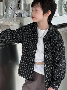 Dazy Kids Plus Size Boys' Polka Dot Loose Casual Turndown Collar Long Sleeve Shirt, Autumn - Black - View 5