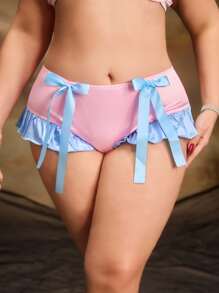 Plus Size Vintage Pink Contrast Color Satin Ruffle Trim Bow Romantic Sweet Juicy Panties - Pink - View 1