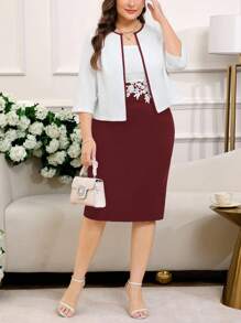 SHEIN Clasi 2 Stücke Set in Übergröße – Elegantes Slip-Kleid aus Spitzen-Patchwork und Cardigan-Set mit Kontrastbesatz