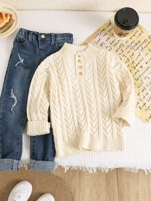 SHEIN 年轻男孩休闲宽松立领纯白色提花半拉链纽扣设计长袖毛衣针织上衣，适合秋冬通勤、上学、居家、休闲、街头、派对、郊游 - 白色 - 查看 5