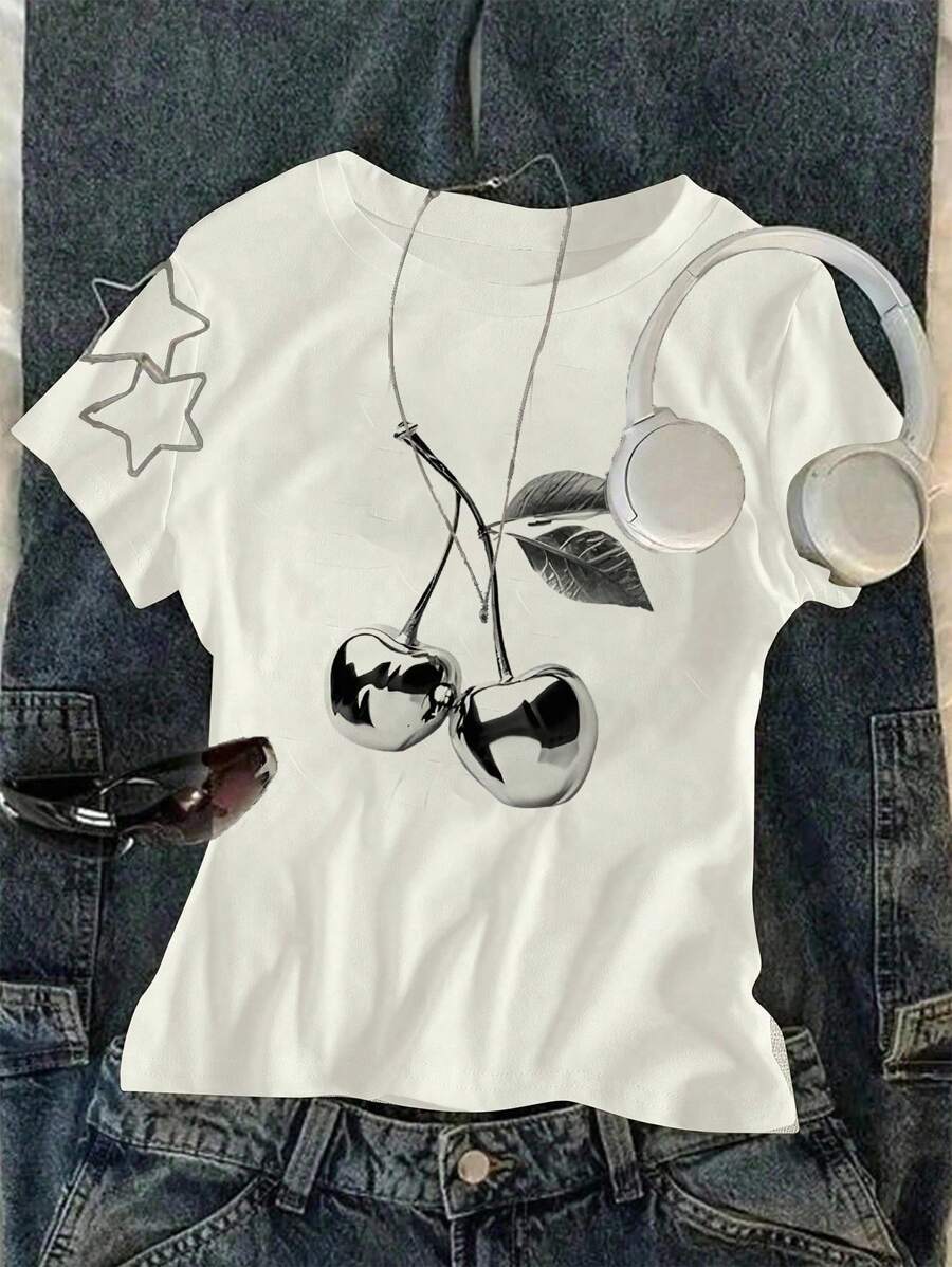 少女宽松金属樱桃印花短袖T恤，适合夏季 - 白色 - 查看 1