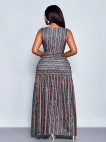 SOLERSUN 大码几何纹理印花 V 领开衩无袖连衣裙紧身连衣裙西部风春夏 - 玫紅色 - 查看 2