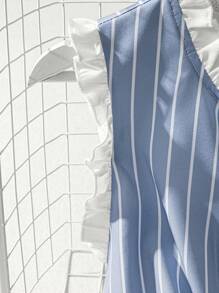 INAWLY 大码女式夏季休闲条纹圆点印花撞色荷叶边下摆仿珍珠装饰纽扣前部无袖衬衫