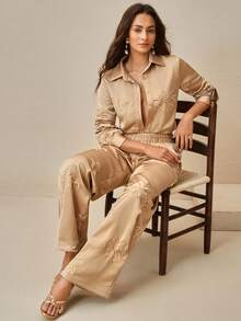 Anewsta 2 Stücke Set für Damen, Luxus Satin mit besticktem Ahornblatt Muster, kontrastfarbiger Kragen, locker & bequem