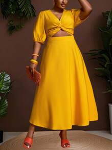 Veslaya Spring & Summer New Plus Size Women Long Maxi Dress, Solid Yellow Deep V-Neck Twist Waist Ruched Flare Sleeve Flared Hem Casual Beach & Party Dress - Yellow - View 7