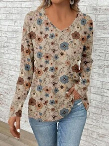 EMERY ROSE Retro Floral Print Casual Loose Fit Women Plus Size Long Sleeve T-Shirt, Suitable For Summer Fall Clothes