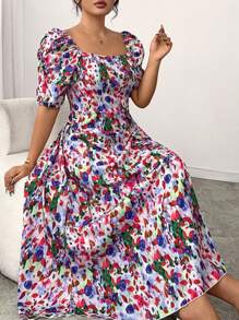 Modelyn Plus Size Crinkle Printed Square Collar Puff Sleeve A-Line Dress