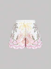 SHEIN MOD Shorts de pierna ancha con dobladillo bordado de flores isla para tallas grandes