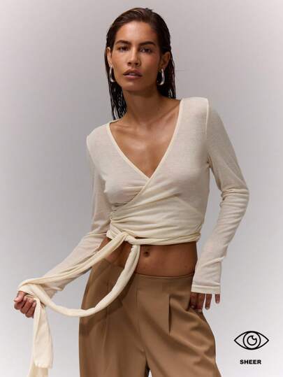 MUSERA V领裹身系带上衣，休闲度假日常机场穿搭，返校季冬季春季夏季皆宜。