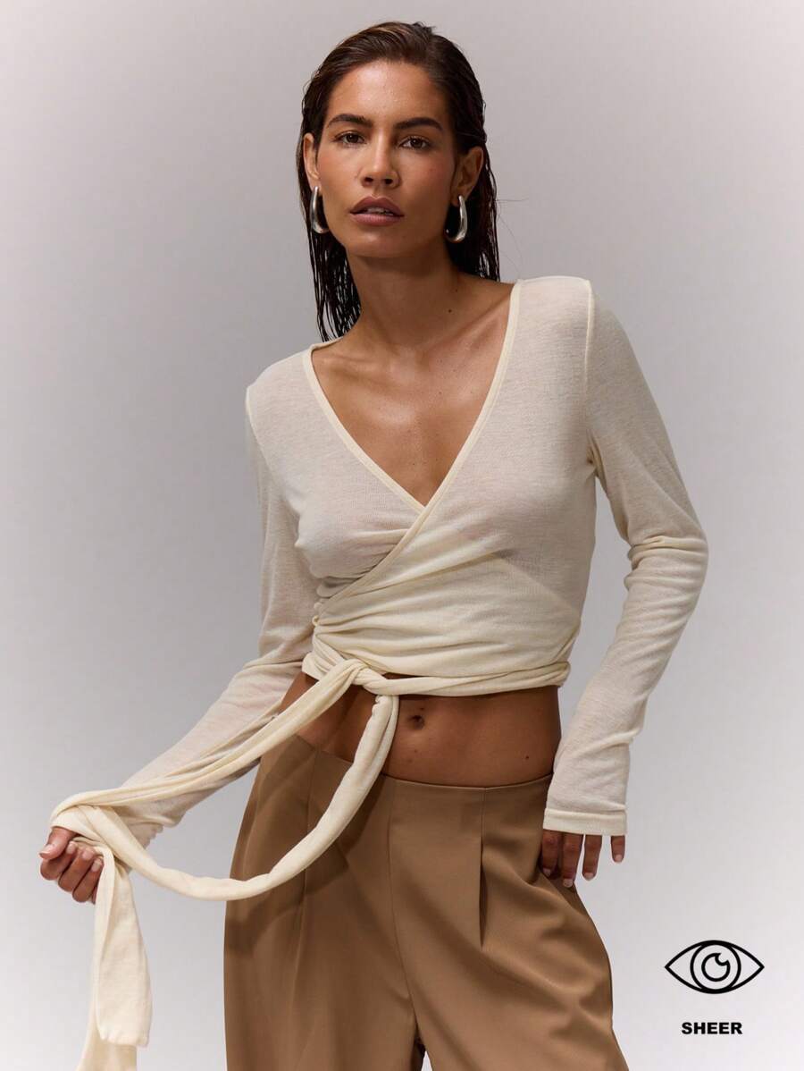 MUSERA V领裹身系带上衣，休闲度假日常机场穿搭，返校季冬季春季夏季皆宜。 - 杏色 - 查看 1