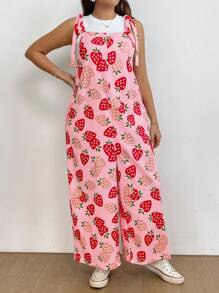 Sunnyshic Tuta larga con stampa di fragole e fiocco, per donna taglie forti, adatta per vacanze, appuntamenti e feste
