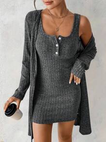 EMERY ROSE Women's Sexy 2pcs Dress Set, Blue, Autumn/Winter - Dark Grey - View 4