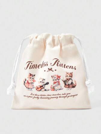 Kawaii Fashionable Cute Beige Band & Kitten Pattern Drawstring Large Capacity Cosmetic Bag Coin Purse 848303