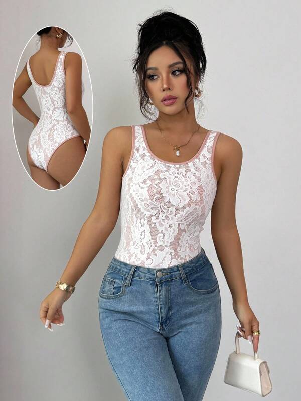 Islaluna Women's Sexy French U-Neck Lace Bodysuit