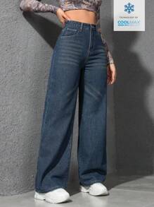 Jeanoix Plain Pocket Casual Versatile Wide Leg Jeans - Blue - View 5