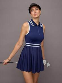 Activina 女式条纹 Polo 领无袖褶边运动连衣裙 - 藏蓝色 - 查看 6