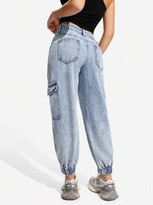 SHEIN PETITE 女士休闲日常水洗多口袋抽绳牛仔裤 - 淺色水洗藍 - 查看 2