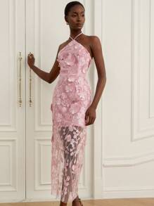 Aveloria Rosie Neues elegantes Kleid mit floraler Verzierung und rückenfreiem Design, hochwertige, raffinierte Stoffe, exquisite Details, figurbetonter Schnitt, ideal für Hochzeiten, Dates, Damen - Pink - Übersicht 5