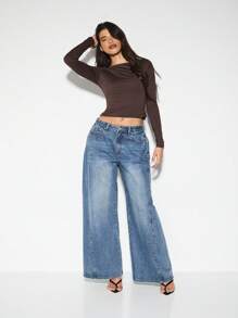 KIZN Top scurt cu detaliu la spate cu mânecă lungă, guler tip balet, mulat, petrecere, club, modă clasică, toamnă-iarnă - cafea maro - Vizualizare 4