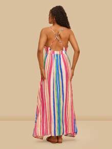 SHEIN VCAY 夏季大码女式深V领条纹性感吊带背心连衣裙 - 彩色 - 查看 3