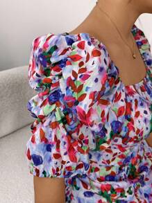 Modelyn Plus Size Crinkle Printed Square Collar Puff Sleeve A-Line Dress