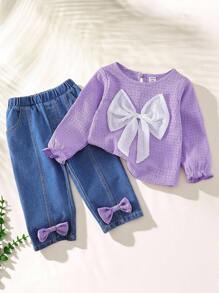 SHEIN Bộ Quần Dài Tay Trang Trí Nơ Cho Bé Gái - Màu tím - Xem 8