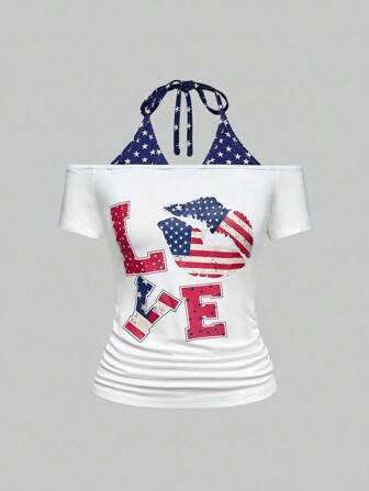 ROMWE Avant T-Shirt mit Grafikdruck Union Jack & sexy Lippen in Off-Shoulder Optik