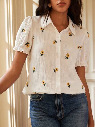 Écloséra Modische und elegante locker sitzende vintage französische Stil Bluse mit Stickerei und Kurzarm, für junge Frauen, Frühling/Sommer