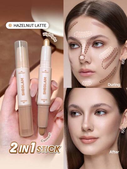 SHEGLAM 2-In-1 Contour & Highlight Stick-Hazelnut Latte Brand Beauty Makeup Face Paint Cosmetic For Women Girls Perfect For Fall Winter Ideal For Y2K Fancy Fashion Suitable For Birthday Christmas Present Party Ready Best Color