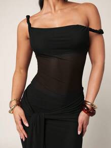 Silquee Women's Simple Solid Asymmetrical Shoulder Bodycon Mini Dress, Summer Dress,Back To School Dress, , Black Maxi Dress Sheer Maxi Dress Mesh Maxi Dress Black Sheer Dress Bodycon Maxi Dress,Fall Wedding Guest Dress - Black - View 8