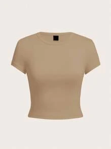 SHEIN Tall CURVE 加大码四件套纯色短款圆领短袖修身女式T恤，适合夏季 - 彩色 - 查看 5