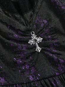 ROMWE Goth 女式哥特式月亮刺绣蕾丝迷你连衣裙 - 紫色 - 查看 4
