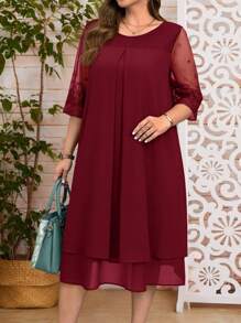 EMERY ROSE Đầm ren chắp vá cỡ lớn cổ tròn đơn giản thanh lịch trang phục mùa hè cho phụ nữ váy kín đáo cho phụ nữ váy dự tiệc cưới cho phụ nữ ren chiffon - Màu Đỏ Sâu - Xem 5