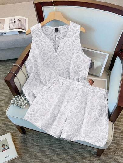 SHEIN LUNE Ensemble 2 pièces femme grande taille, top sans manches en jacquard tissé avec ceinture nouée et short ample. Élégant, convient pour le casual, le travail et les vacances