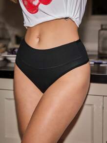 SHEIN Women High Waisted Black Fabric Thong Panties With High Stretch For Casual Comfy Wear - Black - View 4