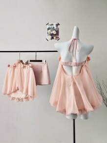 Glamine Women 2-Piece Set: Scoop Neck Rose Decor Top & Mini Pencil Skirt, Pink - Baby Pink - View 2