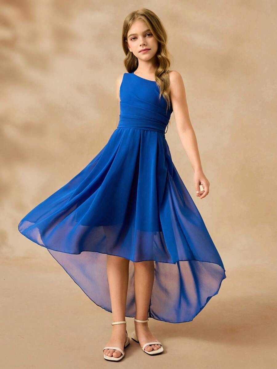 少女浪漫优雅奢华海军蓝不对称肩长款网眼连衣裙,适合度假、派对、宴会、婚礼、花童、舞会、生日等场合 - 藏蓝色 - 查看 1