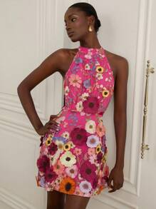 Aveloria Rosie 全新优雅性感时尚女式迷人网眼刺绣露背修身迷你连衣裙 - 玫紅色 - 查看 5