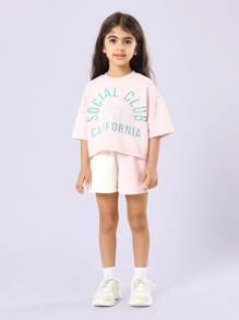 SUMWON Girls California Social Club Crop Top Two Tone Shorts Co-Ord Set Casual Summer Athletic Outfit For Kids