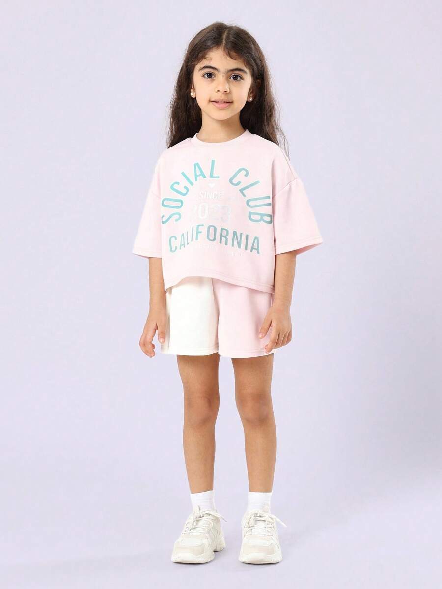 SUMWON Girls California Social Club Crop Top Two Tone Shorts Co-Ord Set Casual Summer Athletic Outfit For Kids