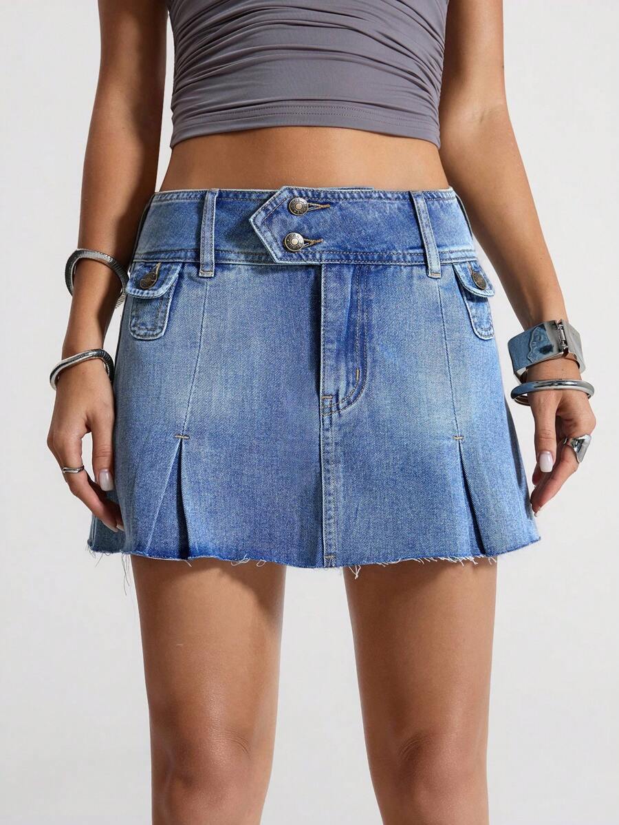 SHEIN ICON Women's Frayed Waist Pleated Casual High Street Denim Mini Skirt - Medium Wash - View 1